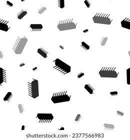 Seamless vector pattern with integrated circuit symbols, creating a creative monochrome background with rotated elements. Vector illustration on white background