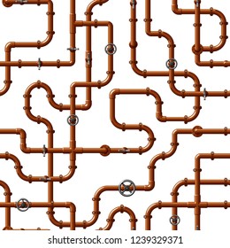 Seamless vector pattern of interlocking copper water pipes with valves, on white background