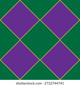 Padrão vetorial contínuo de diamantes roxos entrelaçados com bordas amarelas em um fundo verde profundo, evocando um Mardi Gras ou estética real.