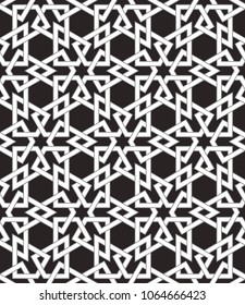 Seamless vector pattern with intersecting straight stripes, polygons and stars. Abstract Arabic ornament.