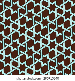 Seamless vector pattern with intersecting straight stripes, polygons and stars. Abstract Arabic ornament in blue and brown color.