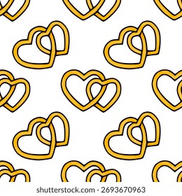 Seamless vector pattern of intertwined golden heart outlines with a subtle gradient and black border, perfect for romantic backgrounds.