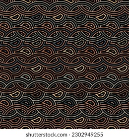 Seamless vector pattern with intertwined wavy lines on a black background. Interlocking geometric elements. Retro ethnic design grid. Multicolored striped texture for textile, wrapping, and packaging.