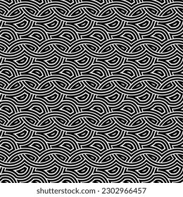 Seamless vector pattern with intertwined wavy black and white lines. Interlocking geometric elements. Decorative background. Striped texture for textile, wrapping, and packaging.