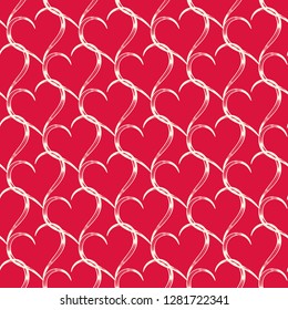 Seamless vector pattern from the intertwining carved hearts on a red background. Valentine's Day. Wedding Day. Pattern share of a wedding greeting card. Vintage style. Endless texture for textile.
