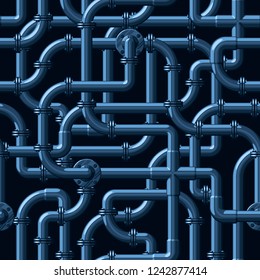 Seamless vector pattern of intertwining water pipes of a blue shade, on a dark background
