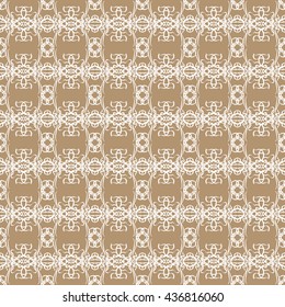 Seamless vector pattern of intertwining white stylized flowers on a light brown background.