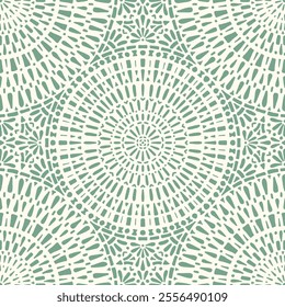 Seamless vector pattern with intricate circle mandala, green on white, textile, scrapbook, packaging