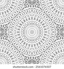Seamless vector pattern with intricate circle mandala, gray on white, textile, scrapbook, packaging