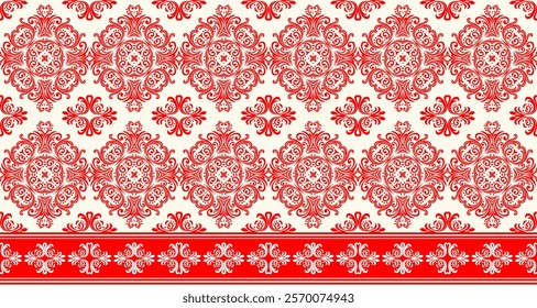 A seamless vector pattern of intricate floral damask design. The pattern features a repeating motif of ornate flowers and leaves in a classic red and white color palette. Perfect for wallpaper, 