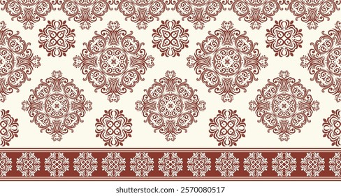 A seamless vector pattern of intricate floral damask design. The pattern features a repeating motif of ornate flowers 