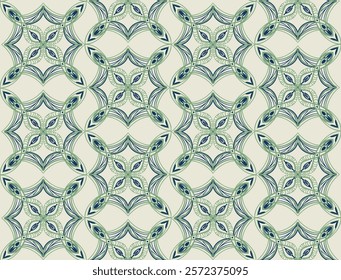 Seamless vector pattern with intricate geometric and floral elements in shades of green and blue, perfect for textiles, wallpapers, and graphic design projects.