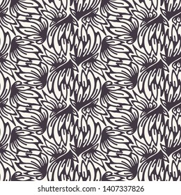 Seamless vector pattern. Intricate quilt style hand drawn flower blooms. Repeating floral tileable background. Ornamental stylized foliage. Monochrome surface design textile, all over print wallpaper