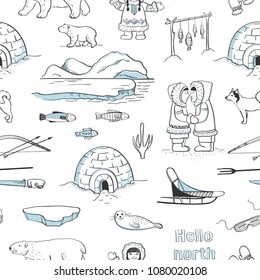 Seamless vector pattern of Inuit, life in the north. Sketches on white background