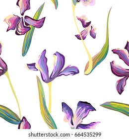 Seamless vector pattern with iris flowers and leaves on.  brushed lines and dots