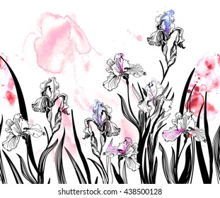 Seamless vector pattern with irises. Hand drawn elements.Watercolor background.