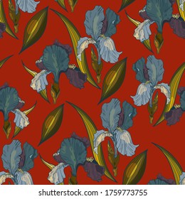 Seamless vector pattern of irises on a red background. Pattern of purple flowers. Use for printing, textiles, designs, designs, flyers, greetings, websites, wallpapers and wrapping paper.