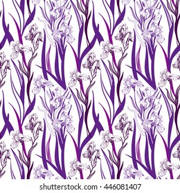 Seamless vector pattern with irises.Hand drawn illustration.