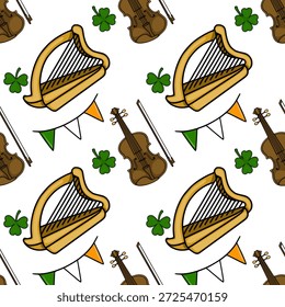 Nahtloses Vektormuster von irischen Musikinstrumenten, Shamrocks und festlicher Verbrannung für die Feierlichkeiten zum St. Patrick's Day