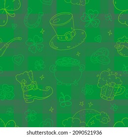 Seamless vector pattern - Irish, St Patrick's Day. Tartan background and outline objects: Leprechaun's hat, rainbow, boots, pot with gold.