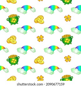 Seamless vector pattern - Irish for St Patrick Day. Celtic with pot and rainbows. White Background.