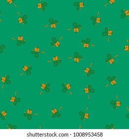 Seamless vector pattern with Irish symbol of St Patrick Day - shamrock. Traditional church shape of clover, textured and painted in authentic colors of Ireland's flag. 