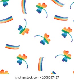 Seamless vector pattern with Irish symbols of St Patrick Day - shamrock and rainbow. Textured background.