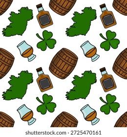 Seamless vector pattern of Irish symbols: shamrocks, whiskey bottles, barrels, and the map of Ireland.