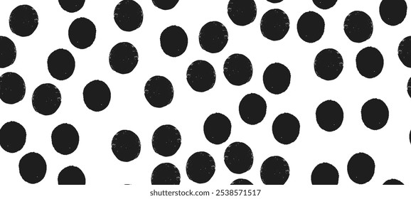 
Seamless vector pattern with irregular crayon dots, splotches, and polkadot grain effect. Abstract black and white design.