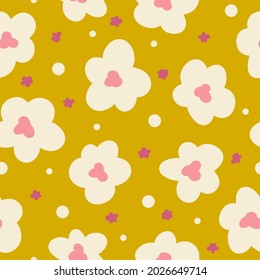 Seamless vector pattern with irregular minimalist flowers in Scandinavian style. Cheerful trendy floral pattern for kids and rooms. Includes swatches with named fashion industry colors. 