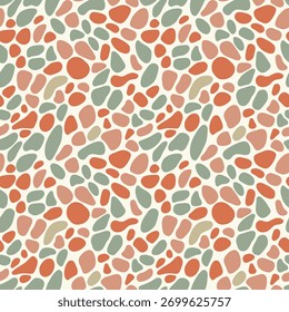 Um padrão vetorial sem costura de seixos irregulares em tons terrosos - terracota, salva, rosa e bege - lembrando pedras fluviais ou terrazzo com uma sensação suave, orgânica moderna.