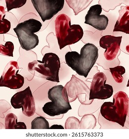 Seamless vector pattern with isolated abstract hand drawn watercolor heart background elements in black and red colors