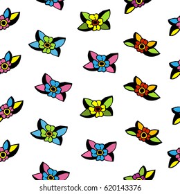 Seamless vector pattern with isolated colorful flowers in cartoon style. Hand drawn background illustration