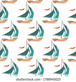 Seamless vector pattern with isolated colourful yacht. Vector illustration
