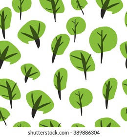 Seamless vector pattern with isolated green trees in doodle cartoon style. Endless texture can be used for wallpaper, pattern fills, web page background, surface textures.