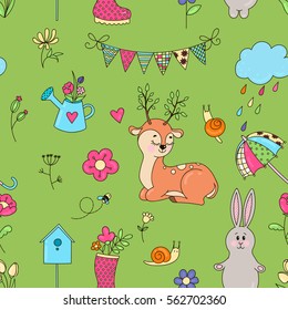 Seamless vector pattern. Isolated objects seamless on a light green background. The background color can be changed. Drawn by hand. Suitable for printing on paper or cloth.