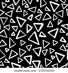 Seamless vector pattern with isolated outline triangles on black background in doodle style