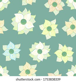 Seamless vector pattern of isolated, scattered decorative flowers in pastel shades on a muted green background. Petals containing mosaic style swirls make an intricate look perfect for summer prints 