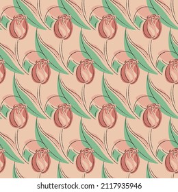 Seamless vector pattern with isolated sketch red tulips and green leaves on a light peach orange background. Spring holiday texture. 8 march. Women's Day decoration. Botanical floral art