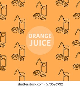 Seamless vector pattern with isolated sketched glass of orange juice and fruit with signature in the center