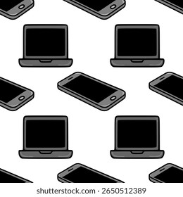 Padrão de vetor contínuo de notebooks e smartphones isométricos, um design minimalista em tons de cinza ideal para planos de fundo e apresentações relacionados à tecnologia.