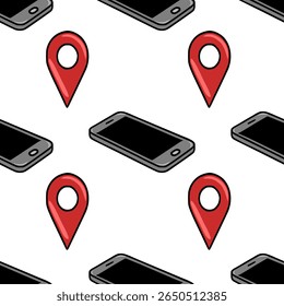 Seamless vector pattern of isometric smartphones and red location pins, illustrating modern technology and GPS navigation concept.