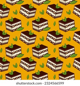 Seamless vector pattern of Italian dessert - tiramisu. Vector illustration for textiles and packaging.