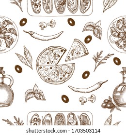 Seamless vector pattern italian food hand drawn illustration.