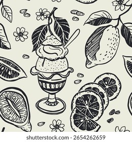 Padrão de vetor sem costura com gelato italiano limão, fatias de limão, meio limão, ramos de limão com folhas e flores em estilo de tinta azul no fundo bege. Sobremesa de verão La Dolce Vita vibe.