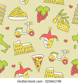 Seamless vector pattern of the Italian icons on a light beige background, hand-drawn.