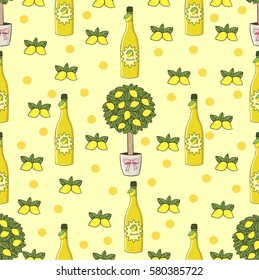 Seamless vector pattern. Italian national drink. Limoncello bottles and decorative lemon trees pattern on the bright yellow background.