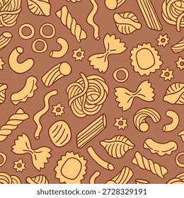 Padrão de vetor sem emenda com tipos de massas italianas. Fundo desenhado à mão com penne, fusilli, farfalle, rigatoni, espaguete, macarrão e ravioli. Perfeito para design têxtil, papel de parede ou impressão.