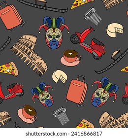 Seamless vector pattern of Italy; symbols, landmarks. Travel icons of the Colosseum, scooter,cheese