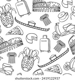 Seamless vector pattern of Italy; symbols, landmarks. Travel icons of the Colosseum, scooter,cheese